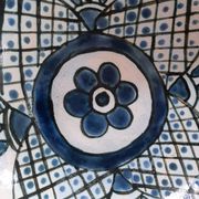 barbotine style salad bowl with blue floral pattern