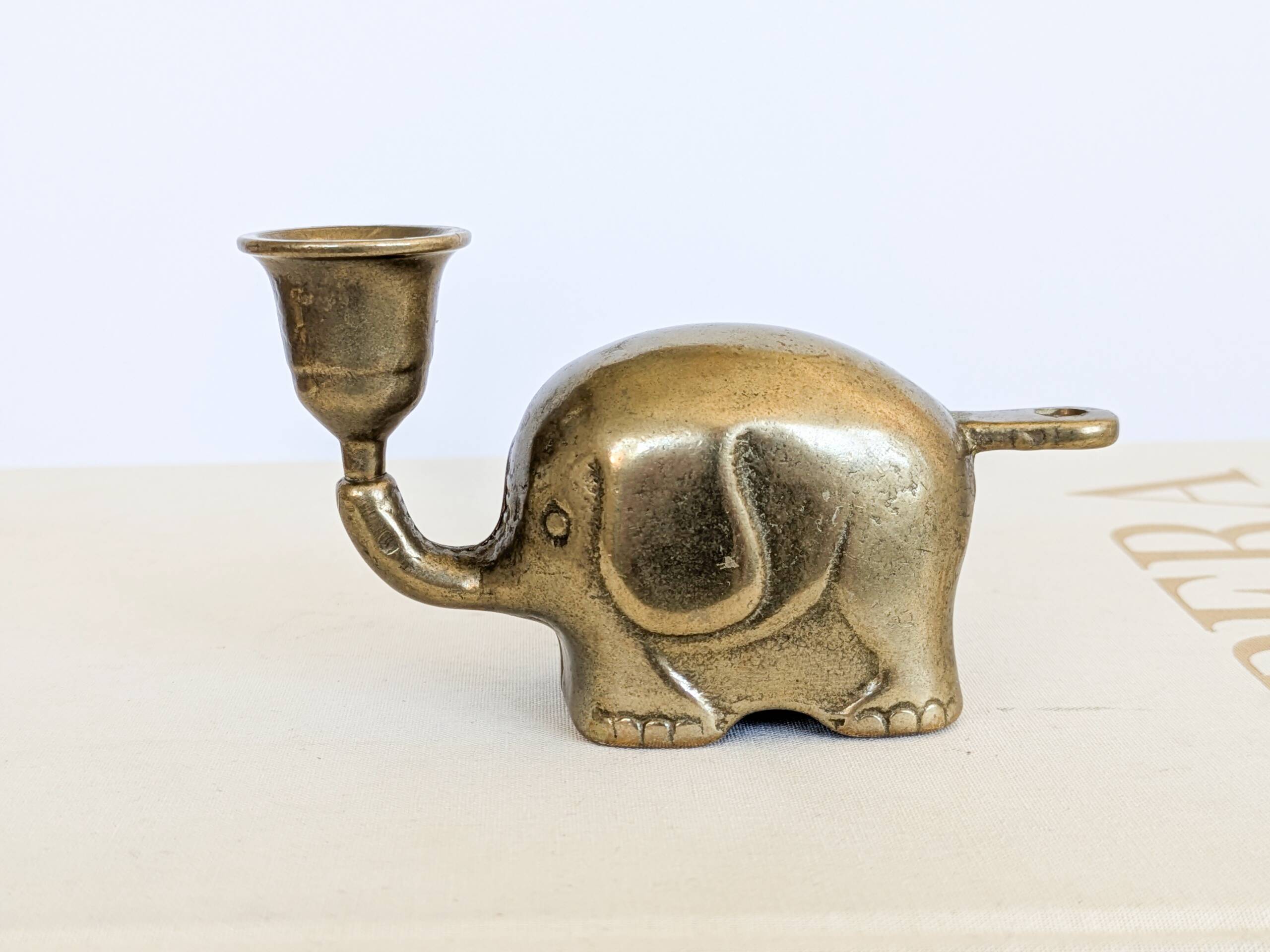 Vintage brass elephant figurine candle holder Haku mid-century