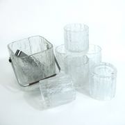 Molded glass whisky service - ice bark decoration - Frostfire Hoya Mikasa - vintage 1980s