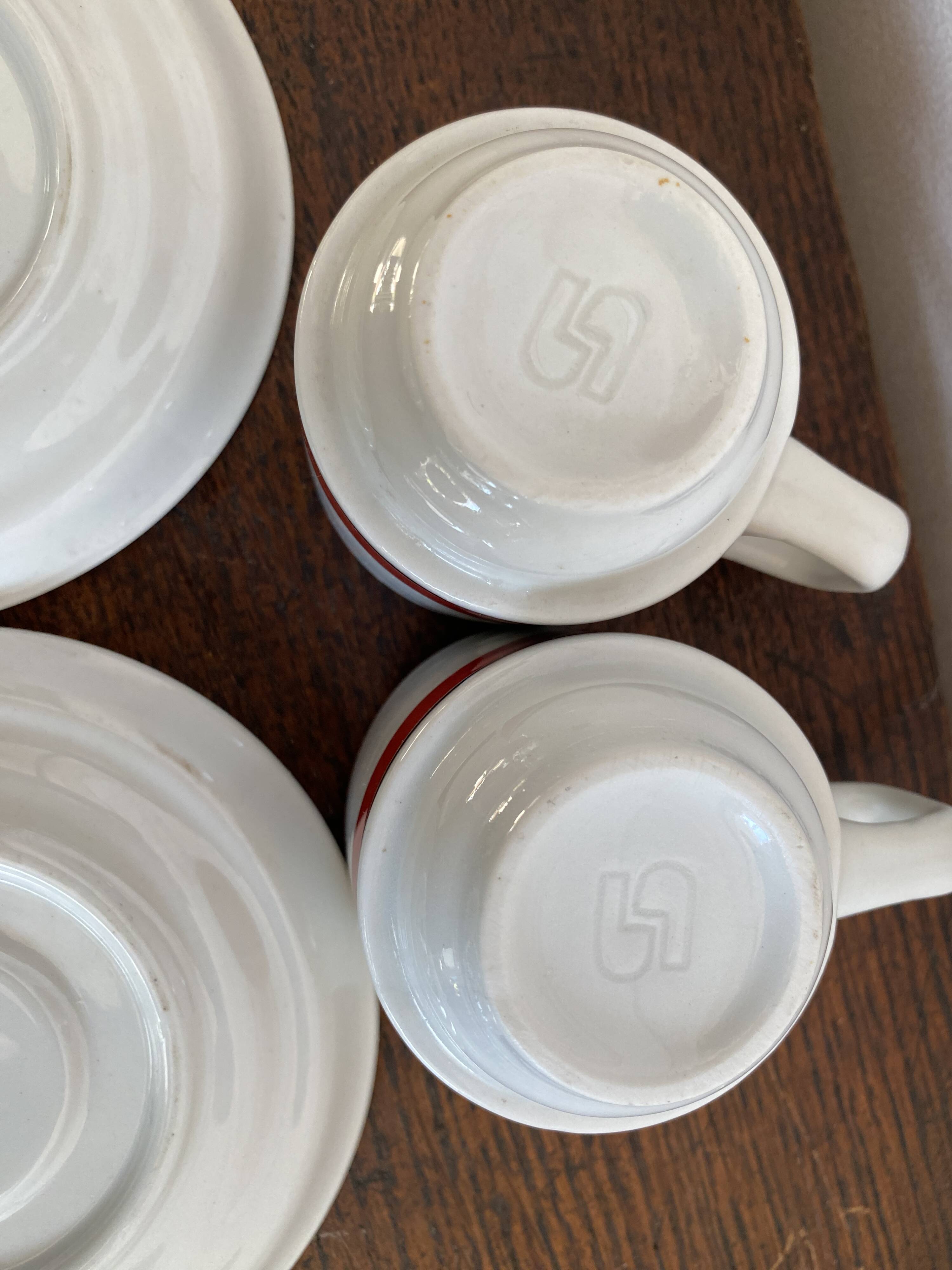 2 coffee cups and bistro saucers, Sarreguemines, vintage Red Band