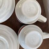 2 coffee cups and bistro saucers, Sarreguemines, vintage Red Band