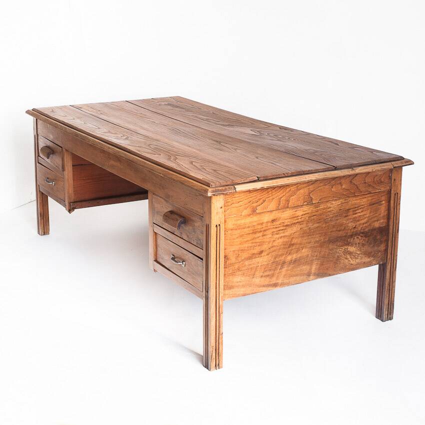 Large vintage two-seater desk. Solid chestnut wood. Restored. France, 1940s