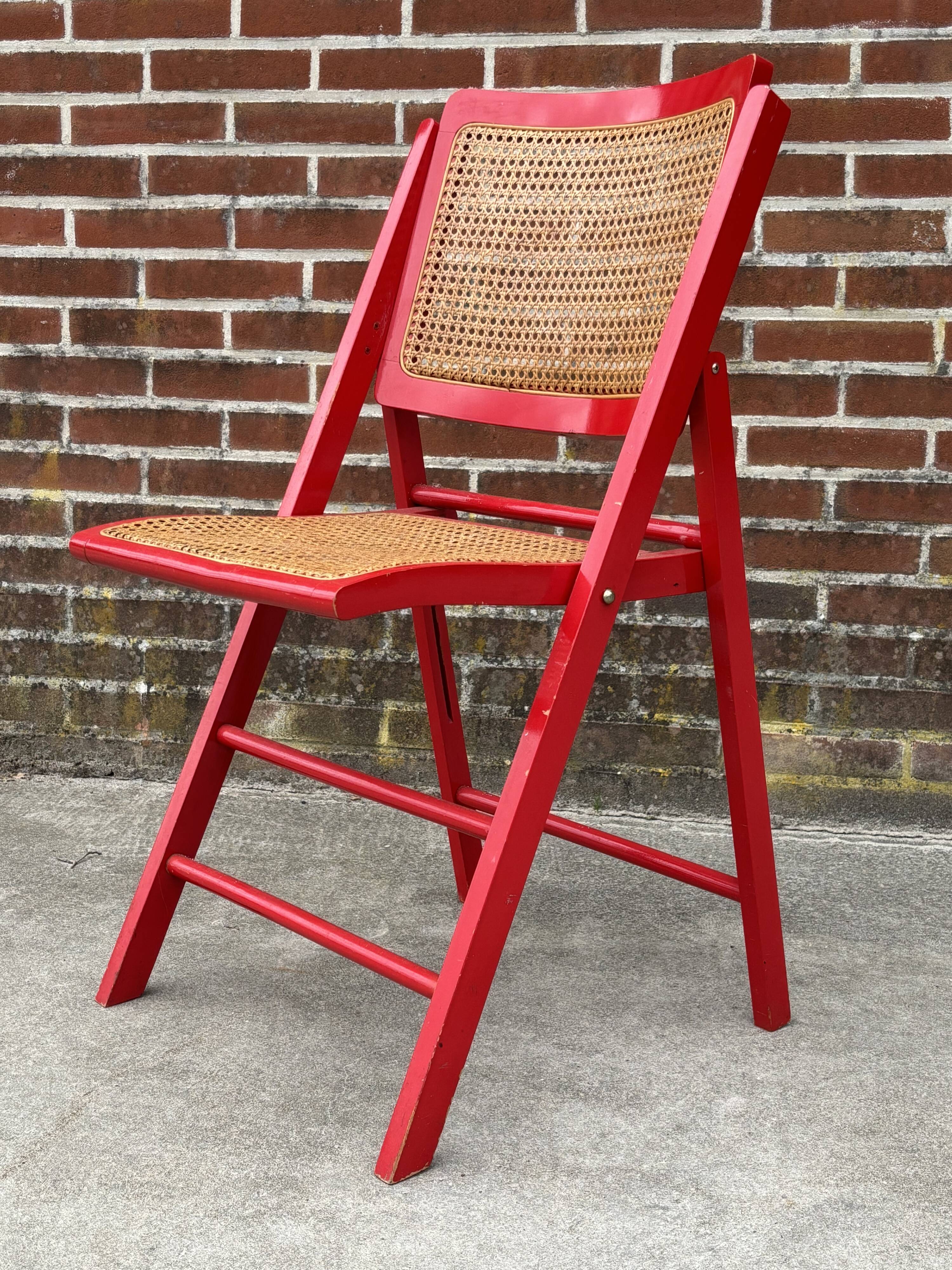Vintage  Mid-Century Woven Cane Folding Chair  1960s in red cesca style