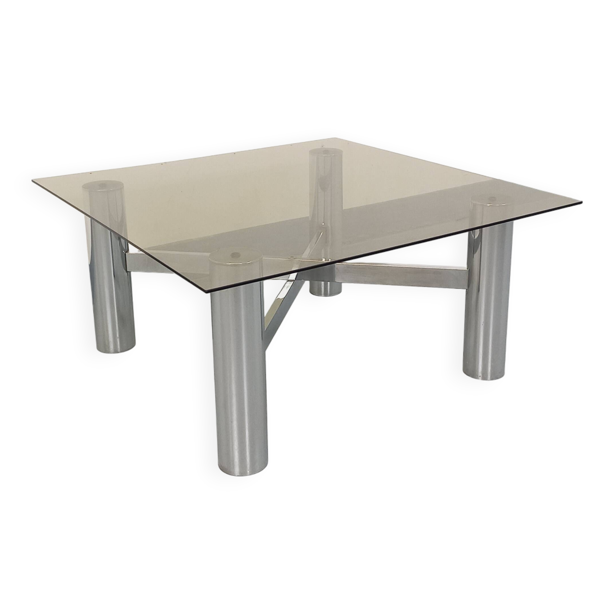 Square Italian vintage Space Age coffee table in smoked glass and metal.