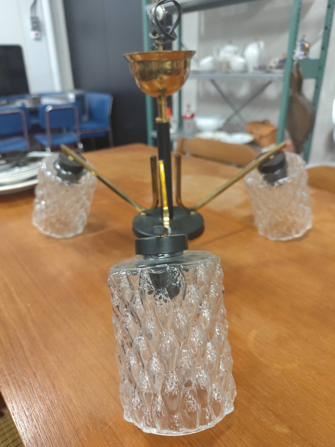 Vintage 70s chandelier with 3 clear glass globes