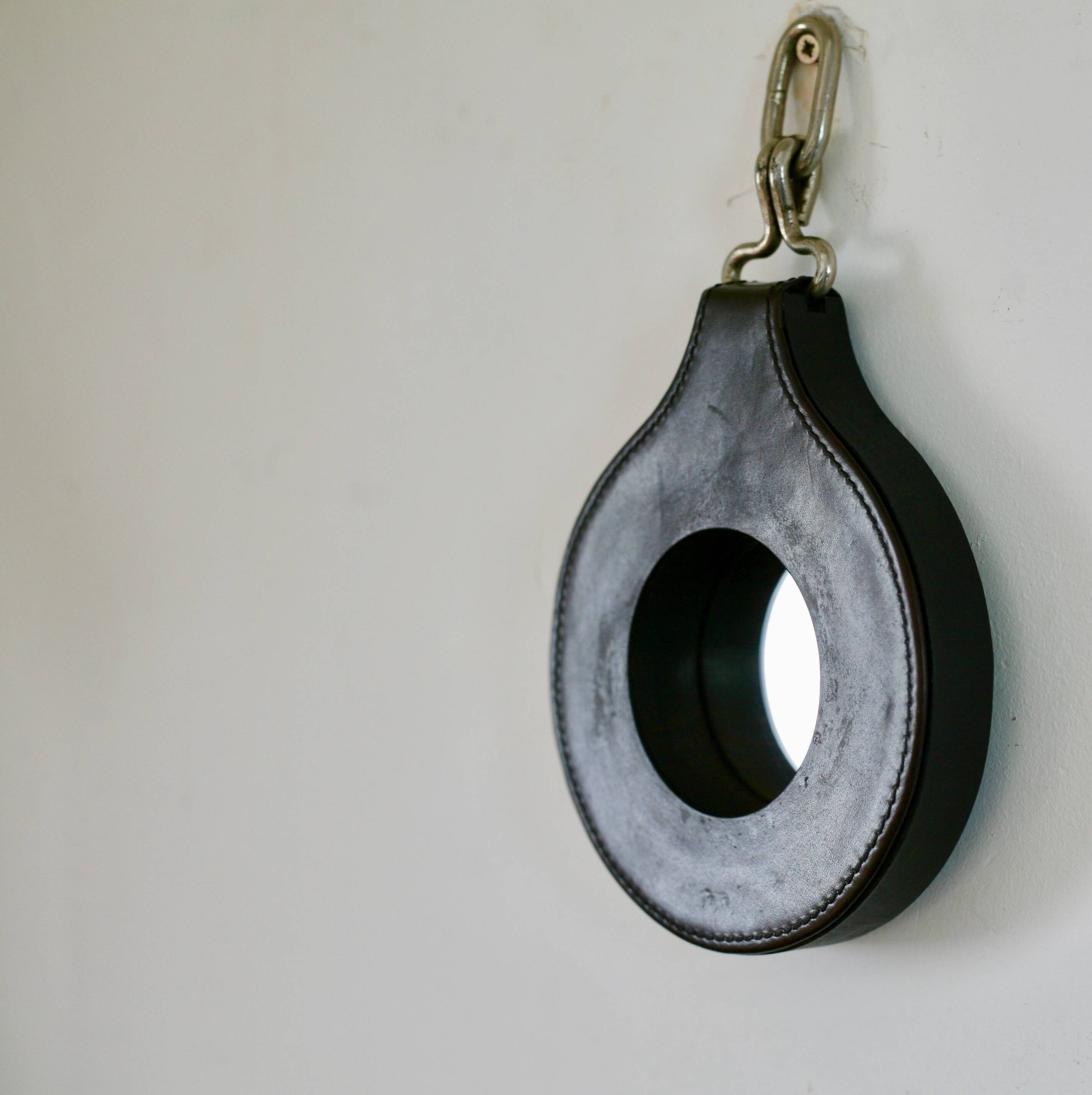 Lancel mirror, leather and wood, France 1960s