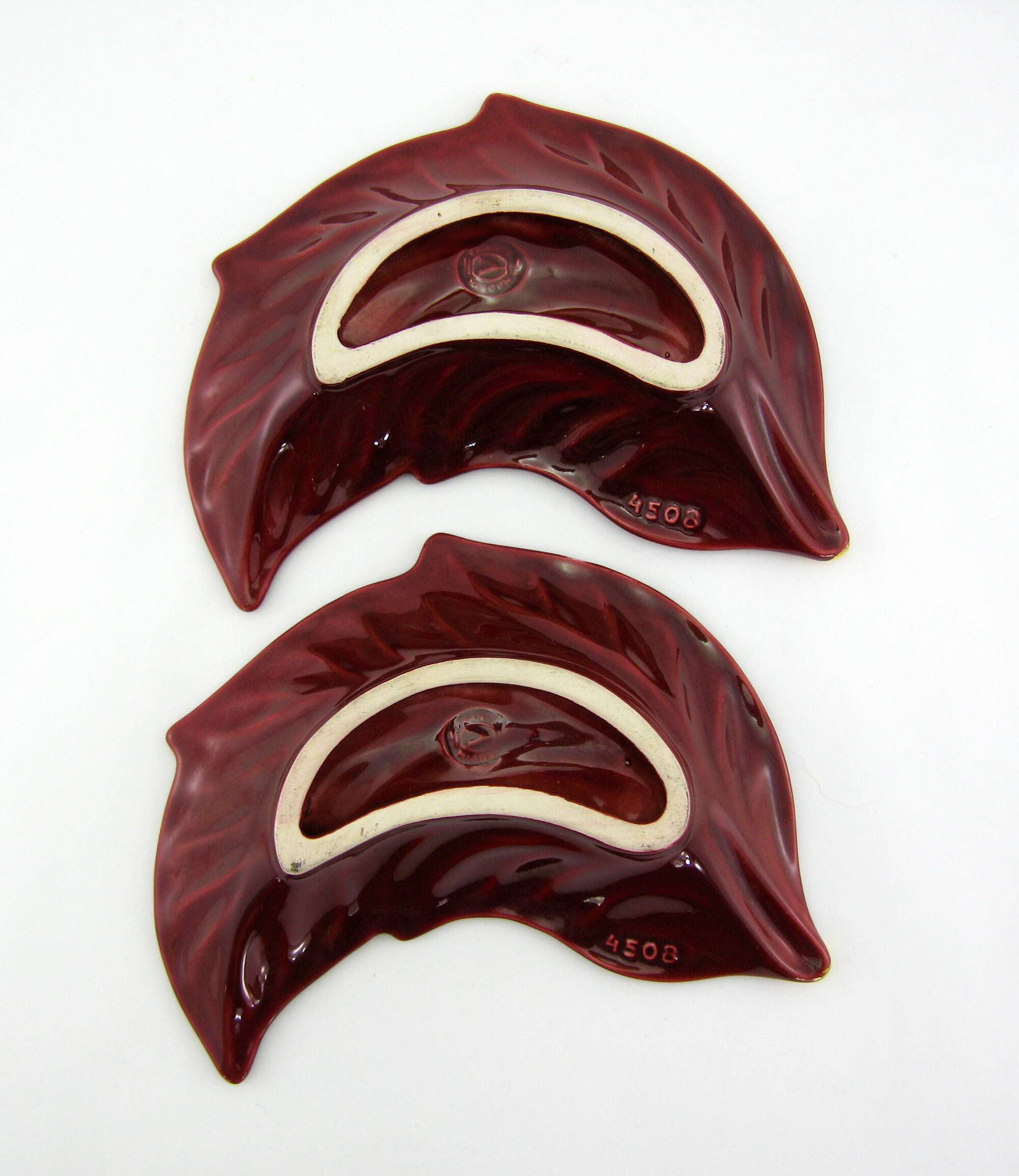 2 red and gold ceramic leaf-shaped bowls - Verceram France - vintage year