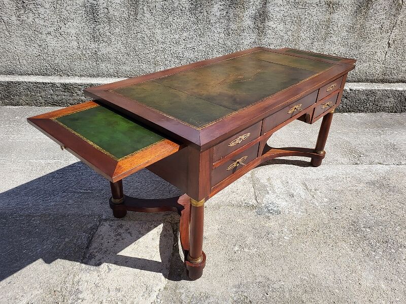 Bureau style empire double face en acajou 5 tiroirs 2 tirettes plateau cuir