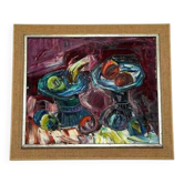 Huile sur toile européenne d'époque mi-siècle – « Nature morte » par Roy – datée de 1969 – vintage et encadrée – 75 × 64 cm (29,5" × 25,2")