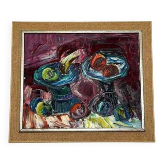 Original mid-century European oil on canvas – “Still Life” by Roy – dated 1969 – vintage & framed – 75 × 64 cm (29.5" × 25.2")
