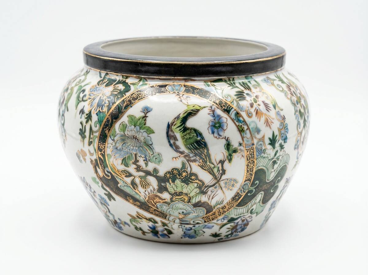 Vintage Japanese cache-pot in porcelain – bird and flower decoration – handmade