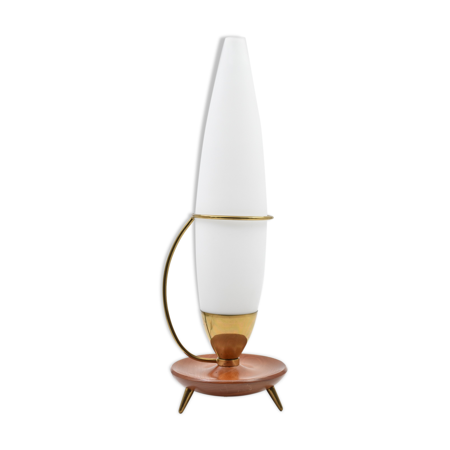 Lamp tripod vintage teak brass opaline