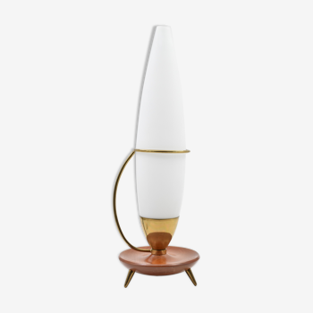 Lamp tripod vintage teak brass opaline