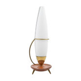 Lampe tripode vintage opaline teck laiton