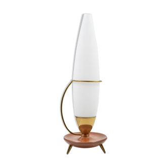 Lampe tripode vintage opaline teck laiton