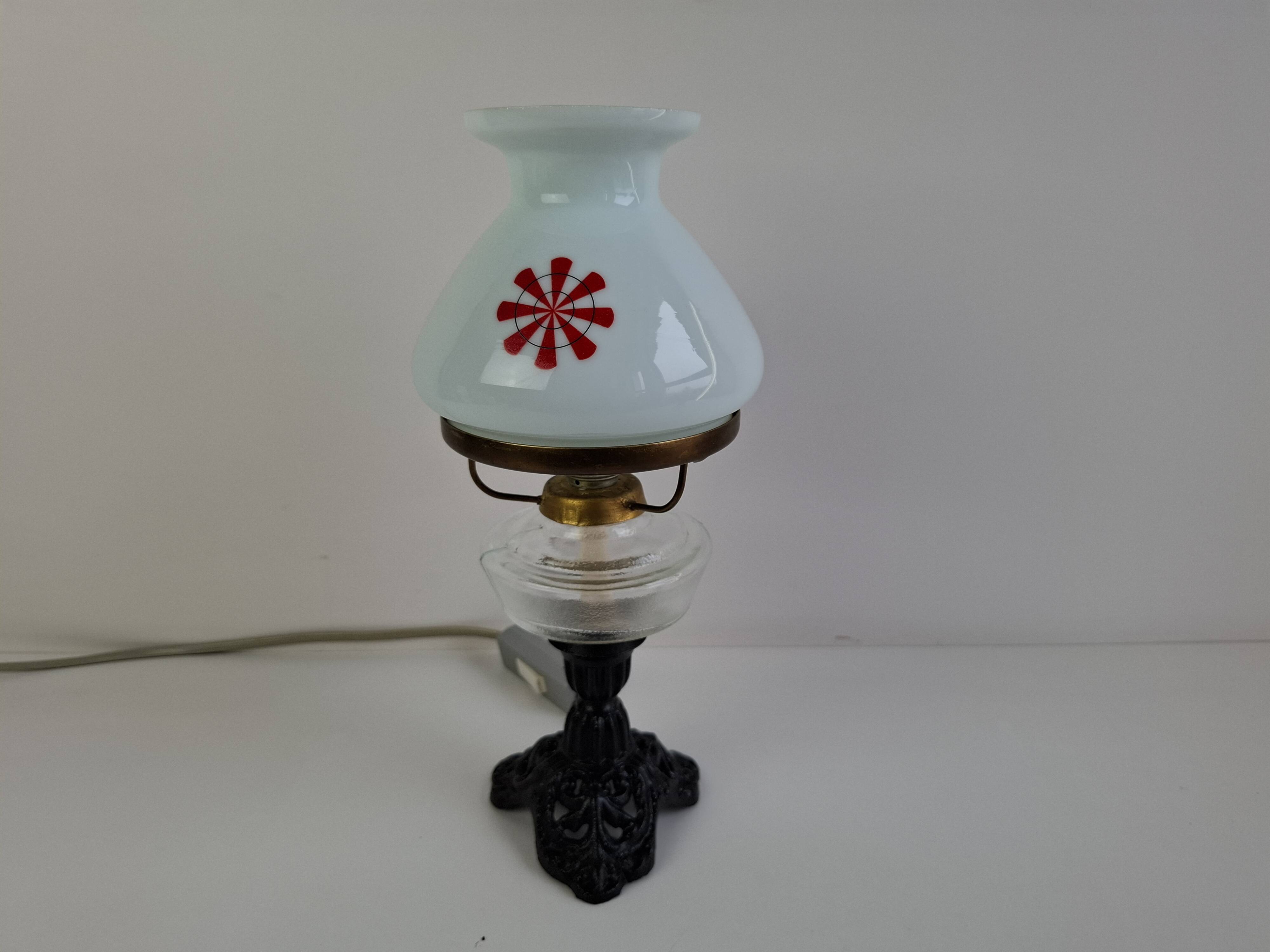 1960s Czechoslovakian milk glass oil lamp style table lamp with red windmill