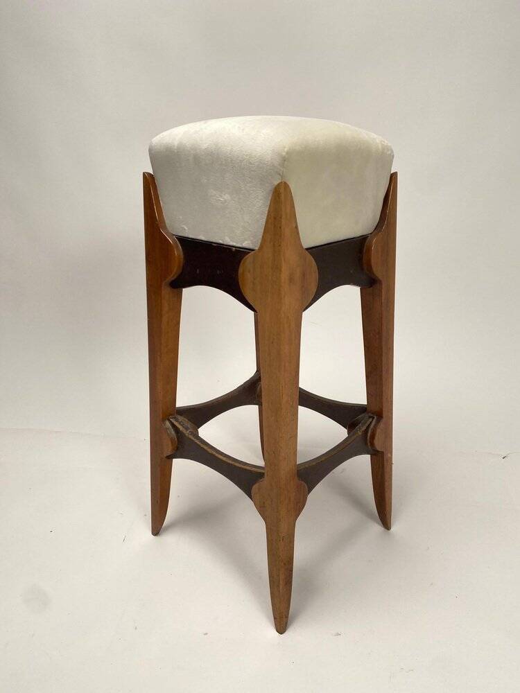 Mid-Century Italian Wooden Stool with Velvet Seat, 1950s