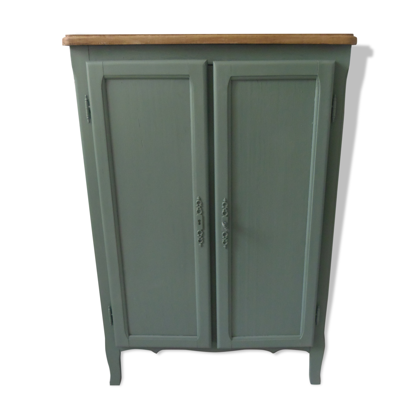 Vintage shoe cabinet smoked green wax finish, wooden top.