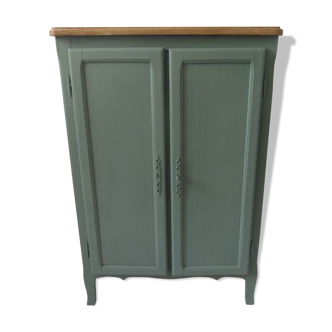 Vintage shoe cabinet smoked green wax finish, wooden top.