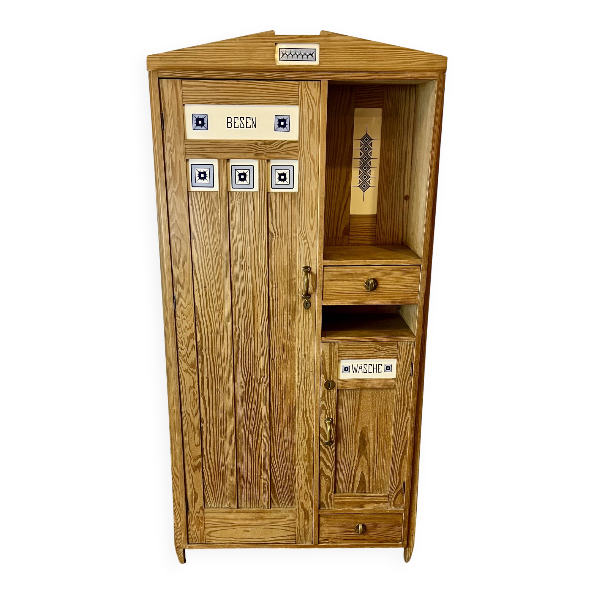 Art Nouveau wardrobe in pine with ceramic tiles, early 20th century.