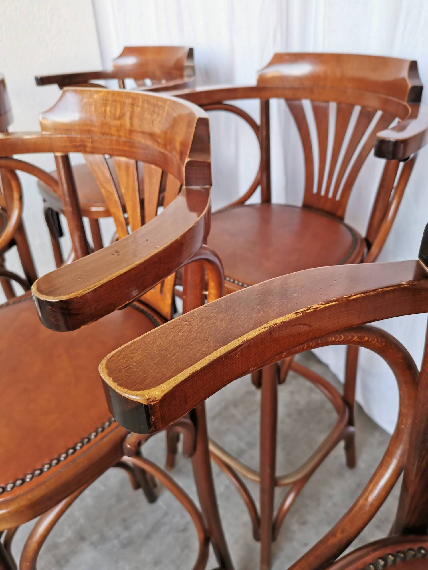 Set of 6 Vintage Bentwood Bar Stool Set: Brown Leather Seat, Nailhead Trim