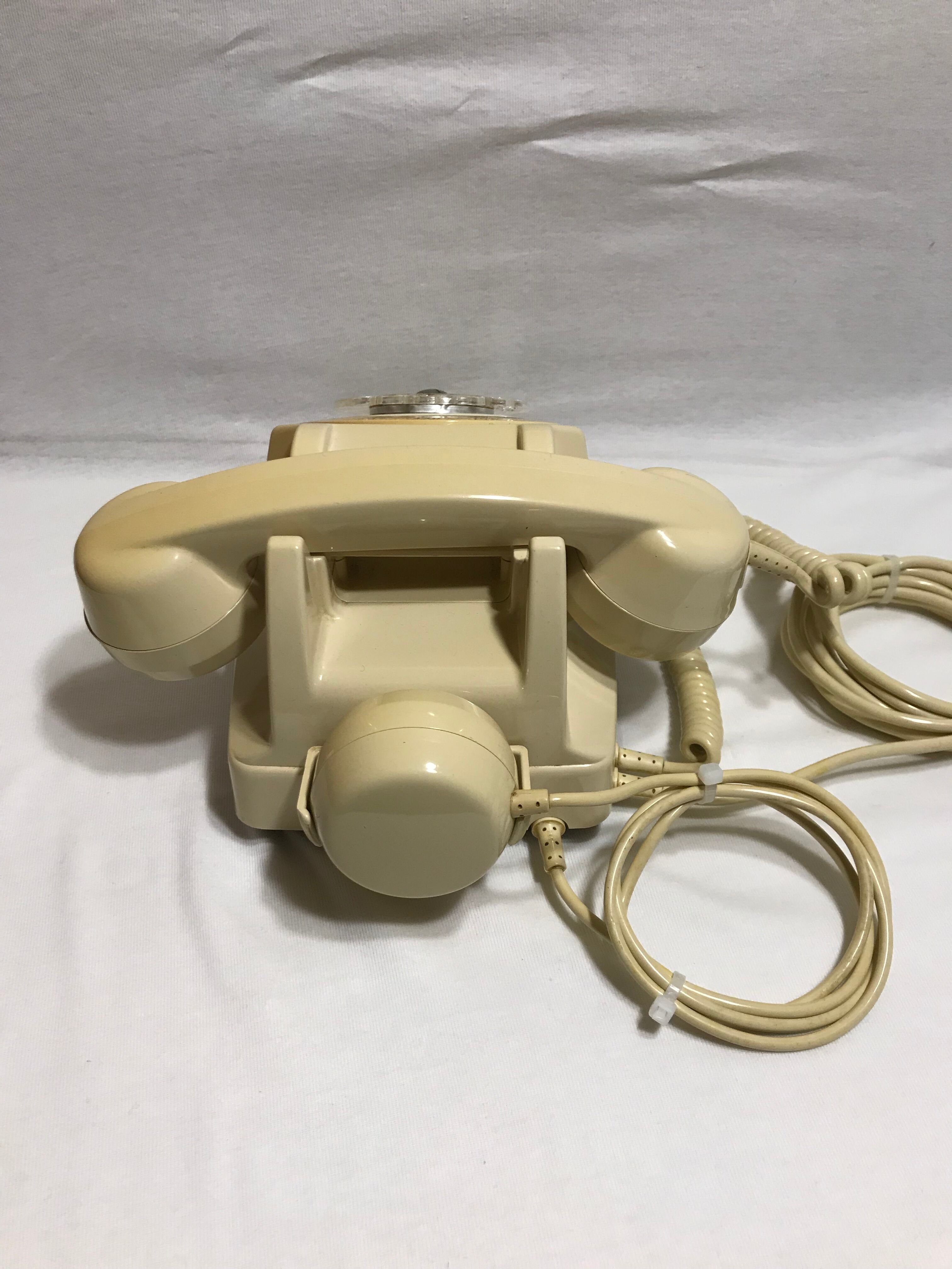 Old white dial phone beige dial, earphone, vintage velvet cover