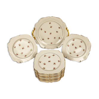 Service à tarte, porcelaine de Limoges, décor de roses