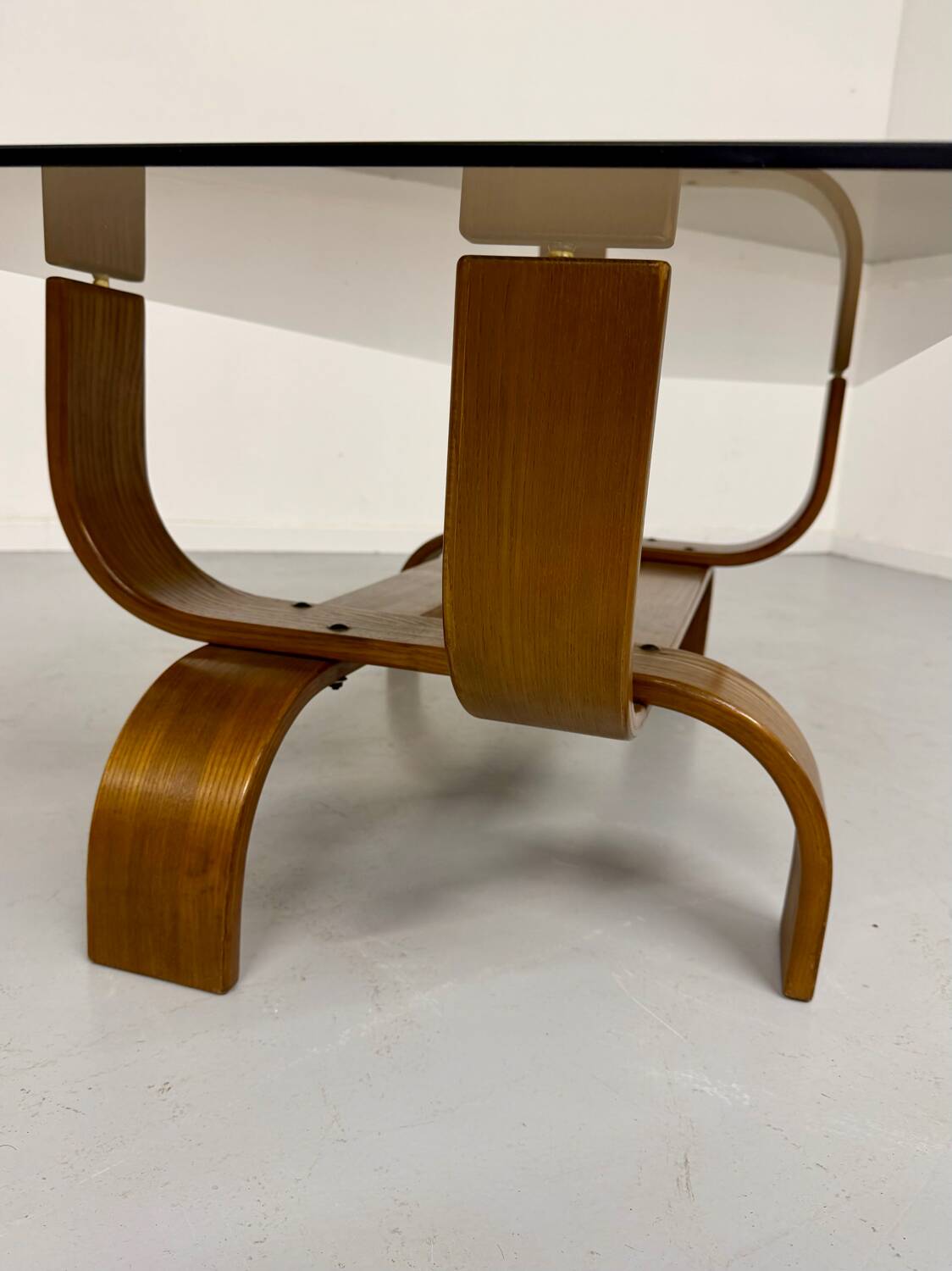 Vintage Fubo coffee table, 1970s design, made of bent wood and smoked glass