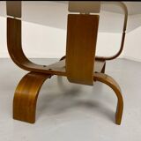 Vintage Fubo coffee table, 1970s design, made of bent wood and smoked glass