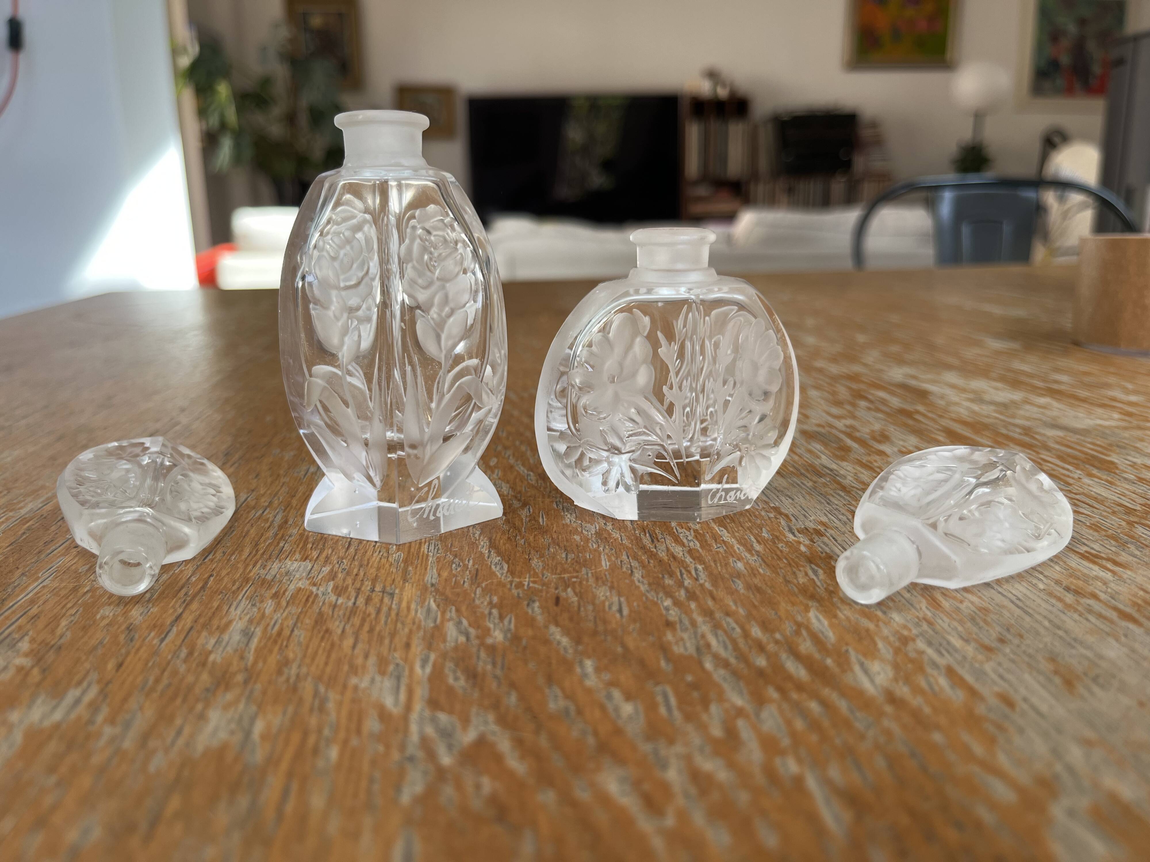 Pair of antique frosted crystal perfume bottles – Signed Charet