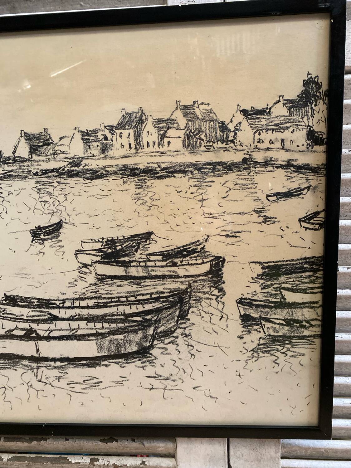 Old charcoal lithograph h. jonas st carlo august 76 + black wood frame