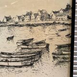 Ancienne lithographie fusain h. jonas st carlo août 76 + cadre bois noir