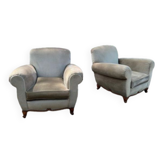 Pair of vintage Club armchairs in velvet and wood
