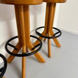 Set of 4 solid elm wood bar stools, vintage 70s design