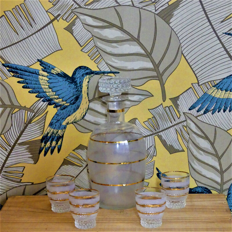Digestive service in sandblasted glass - carafe and old glasses 50s
