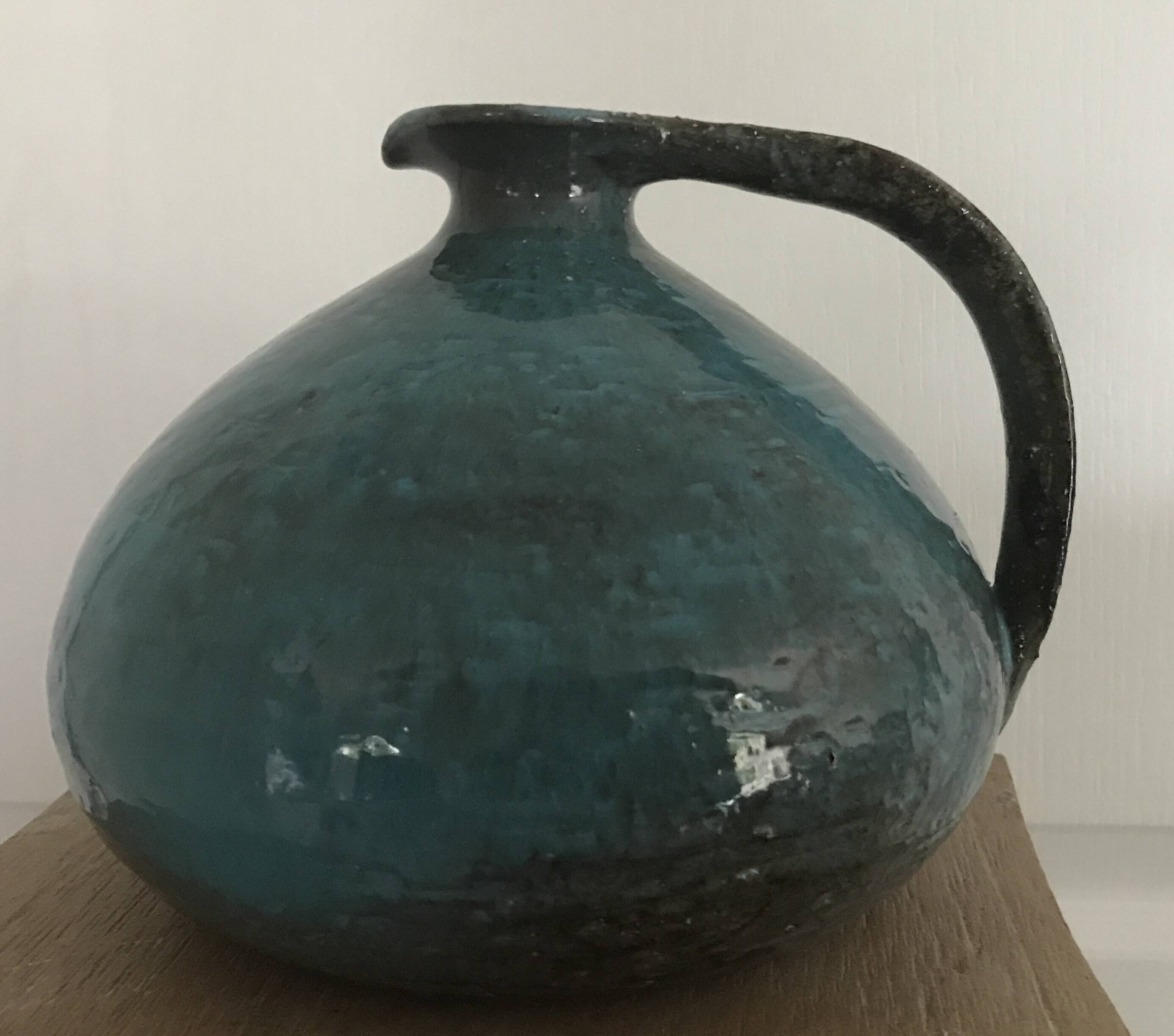 Ball-shaped vase in blue enamelled stoneware by Gérard HOFFMANN