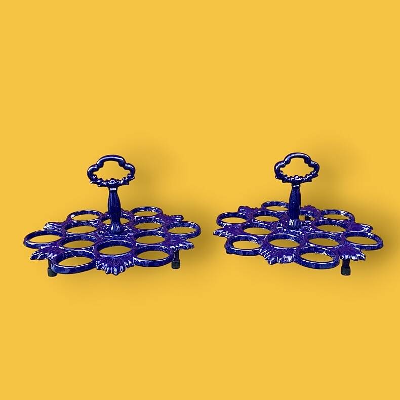 Pair of antique blue enamelled cast iron egg stands - 1960s