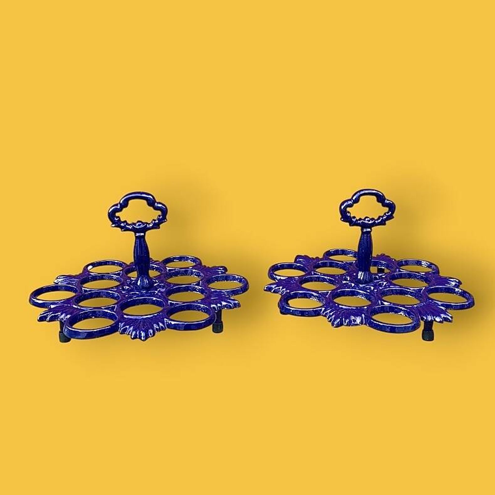 Pair of antique blue enamelled cast iron egg stands - 1960s