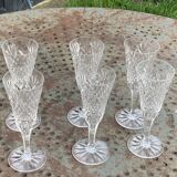 6 champagne flutes in glass and transparent crystal, antique chiseled