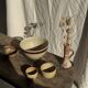 Large speckled beige salad bowl with ochre trim H14 D25