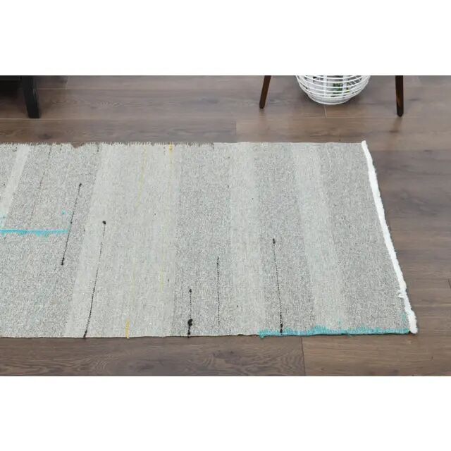1970s Vintage Turkish Oushak Handmade Wool Cotton Gray Runner Rug 80x292