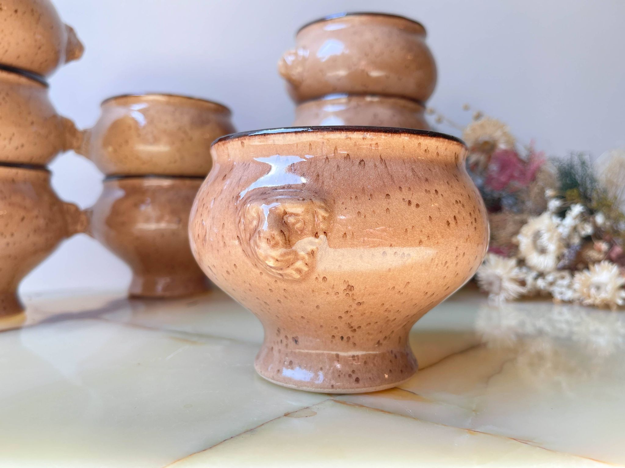 9 Vintage Emile Henry Speckled Beige Ceramic Lion Head Bowls Made in France