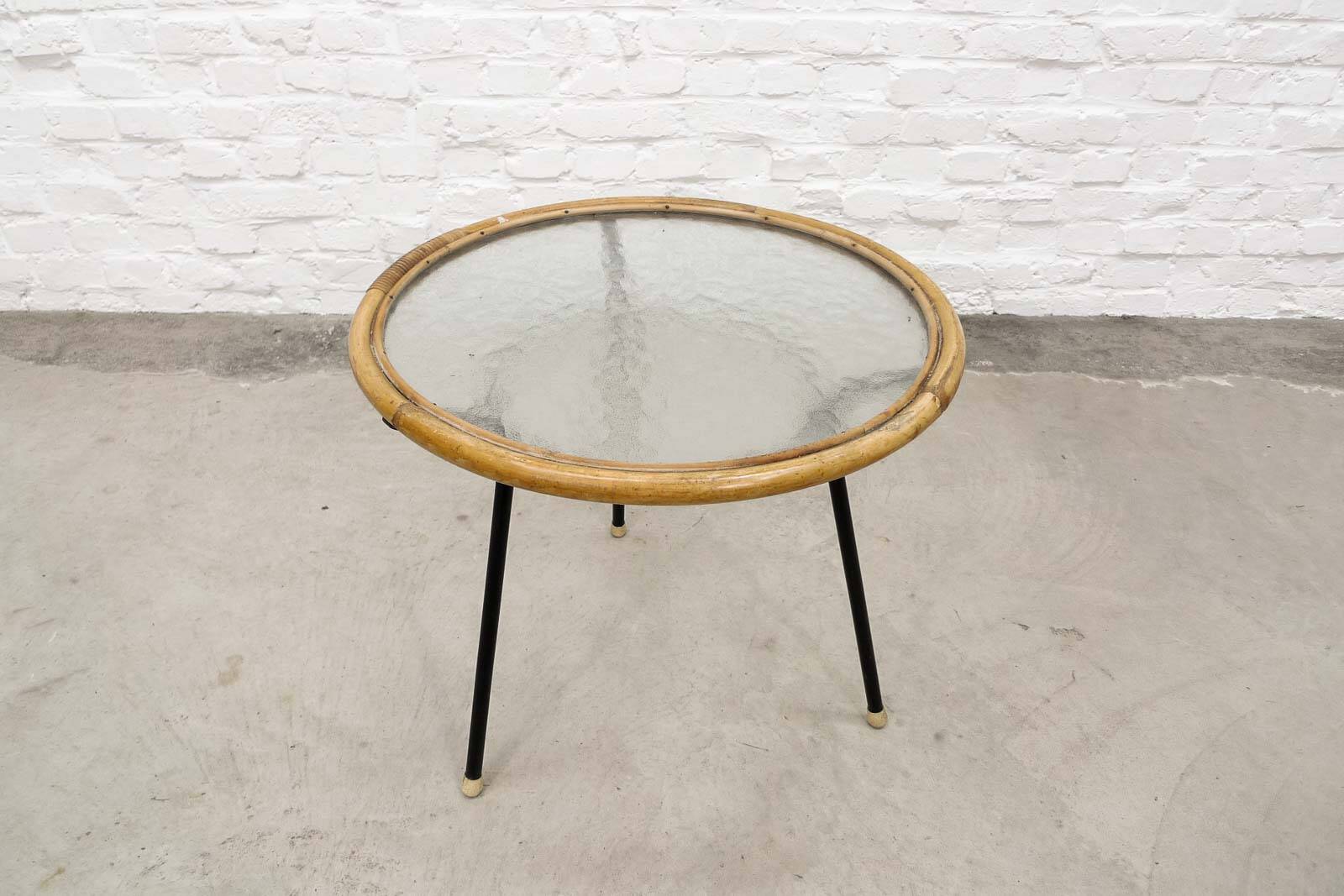 Mid-Century Set of Three Round Rattan and Glass Side Tables, 1960s
