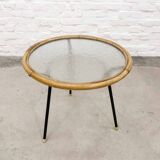 Mid-Century Set of Three Round Rattan and Glass Side Tables, 1960s