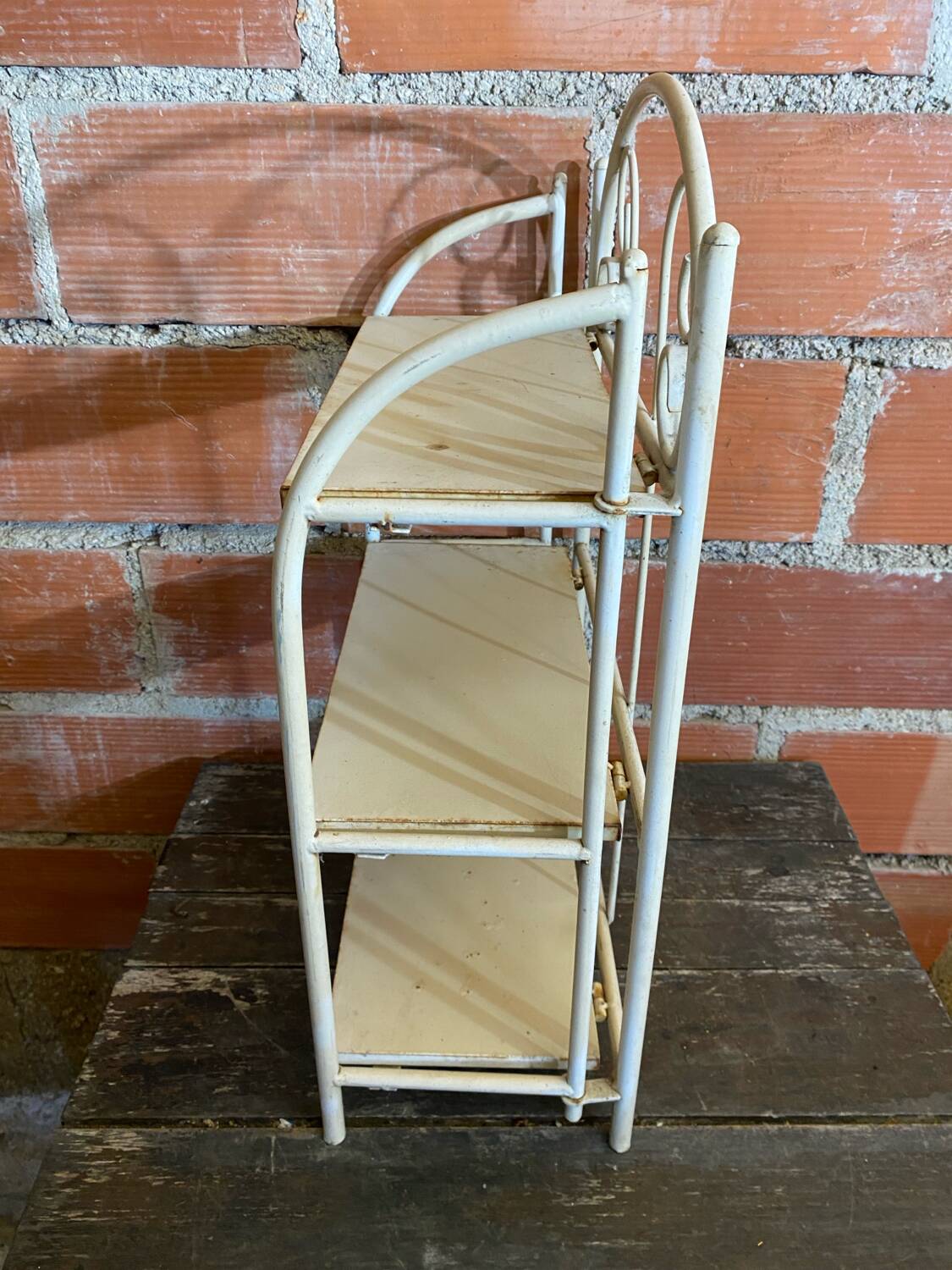 Vintage White Broken Metal Folding Shelf Unit 3 Tiers
