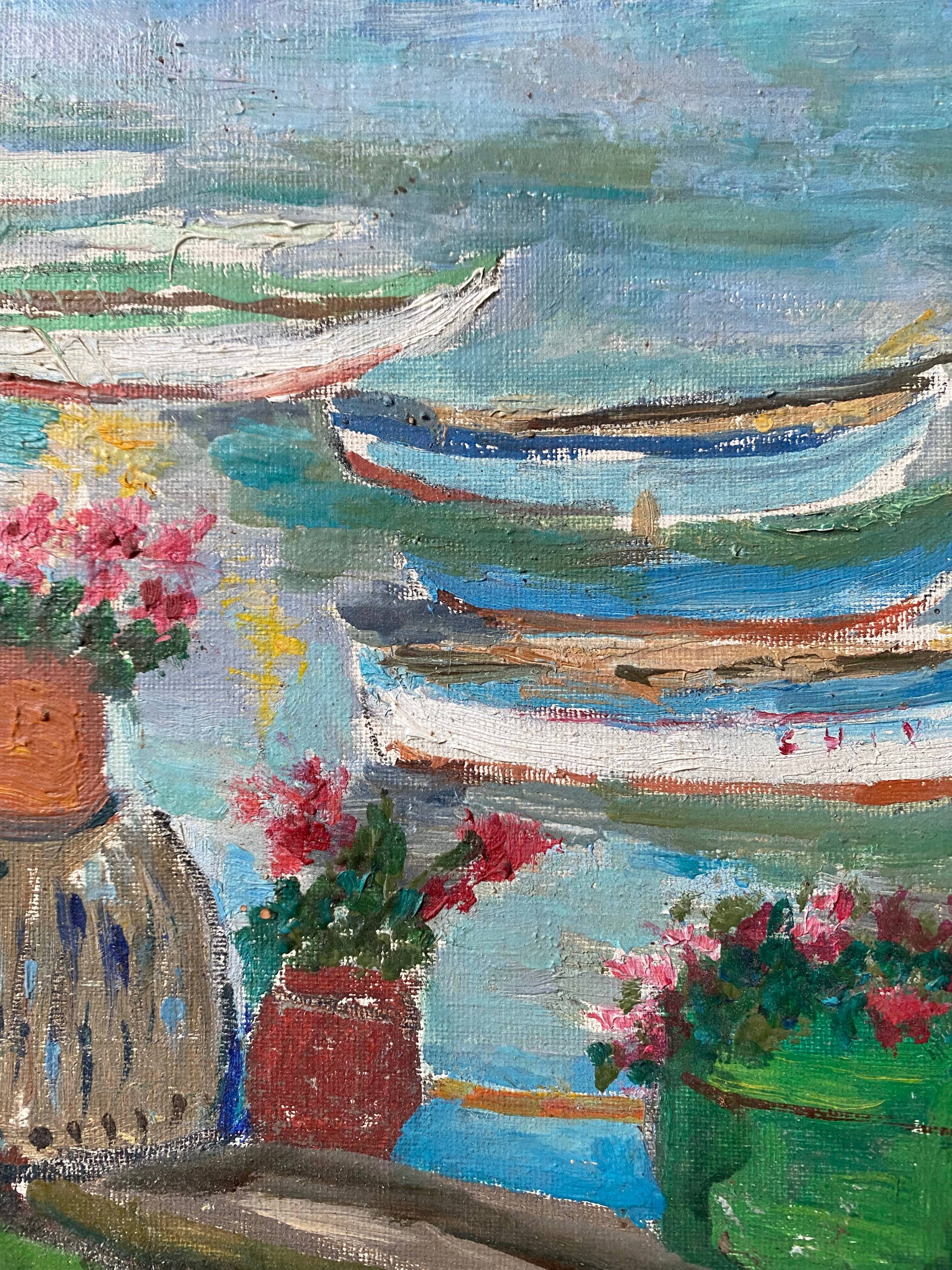 Animated marine painting "terrace by the sea" sailboats lighthouse hst/p