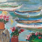 Animated marine painting "terrace by the sea" sailboats lighthouse hst/p