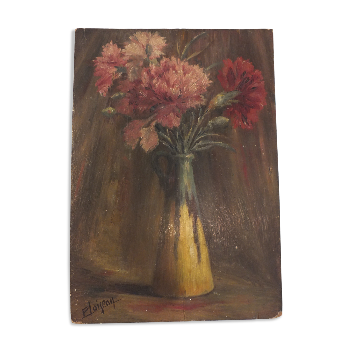 Old painting on panel - still life with carnations, signed P.Loiseau