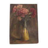 Old painting on panel - still life with carnations, signed P.Loiseau