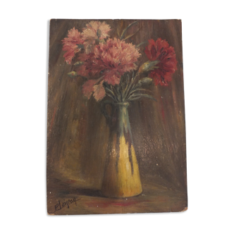 Old painting on panel - still life with carnations, signed P.Loiseau